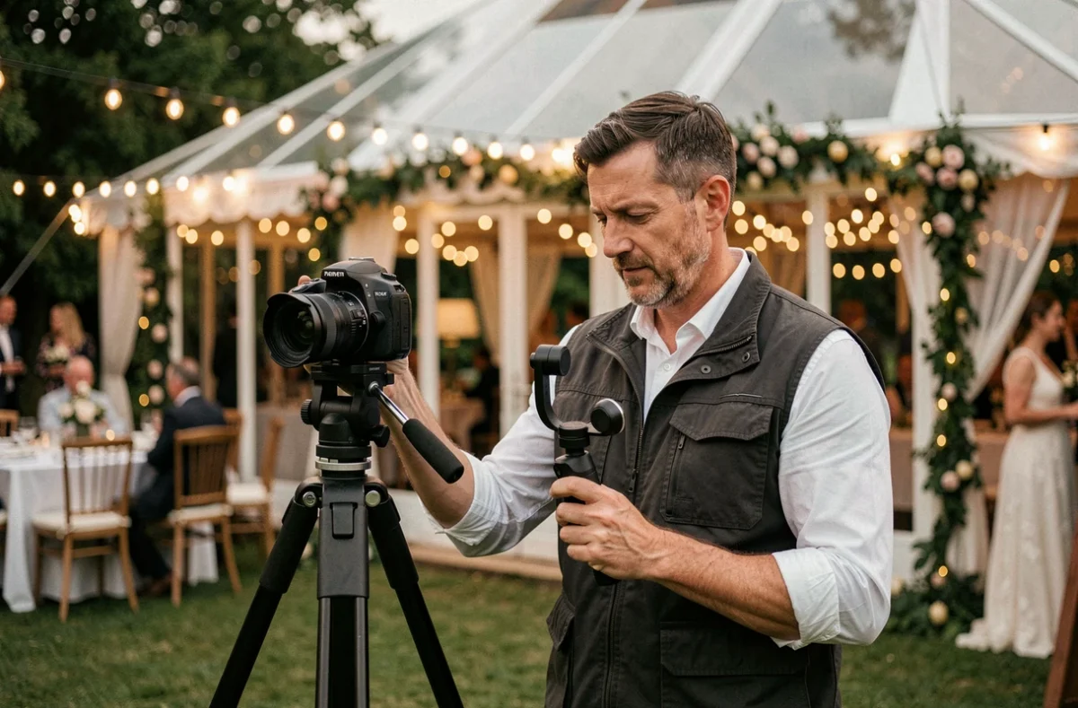 THB Photovideos gérant simultanément photo et vidéo lors d'une réception de mariage en plein air dans le Pas-de-Calais