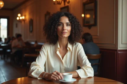 Portrait d'une femme élégante dans un café parisien, illustrant un article sur la vie amoureuse de Juliette Plumecocq Mech