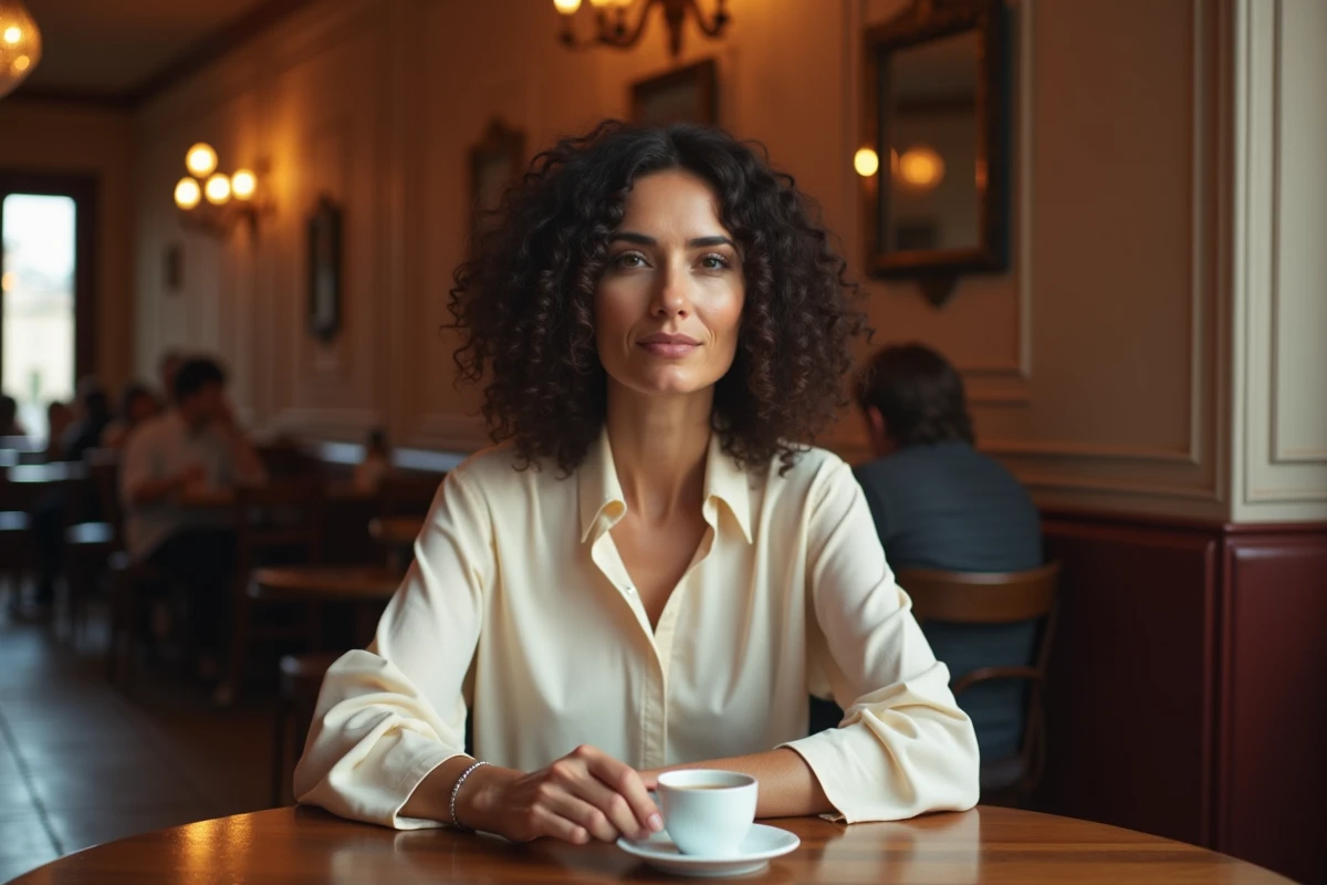 Portrait d'une femme élégante dans un café parisien, illustrant un article sur la vie amoureuse de Juliette Plumecocq Mech