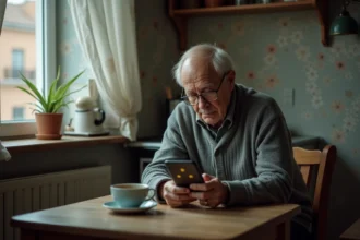 Homme âgé seul dans sa cuisine consultant des avis en ligne sur son smartphone, illustrant la solitude des voisins isolés