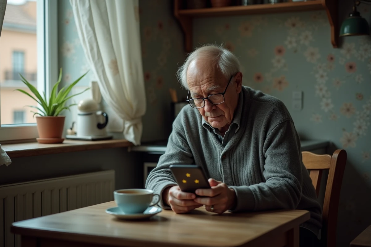 Homme âgé seul dans sa cuisine consultant des avis en ligne sur son smartphone, illustrant la solitude des voisins isolés