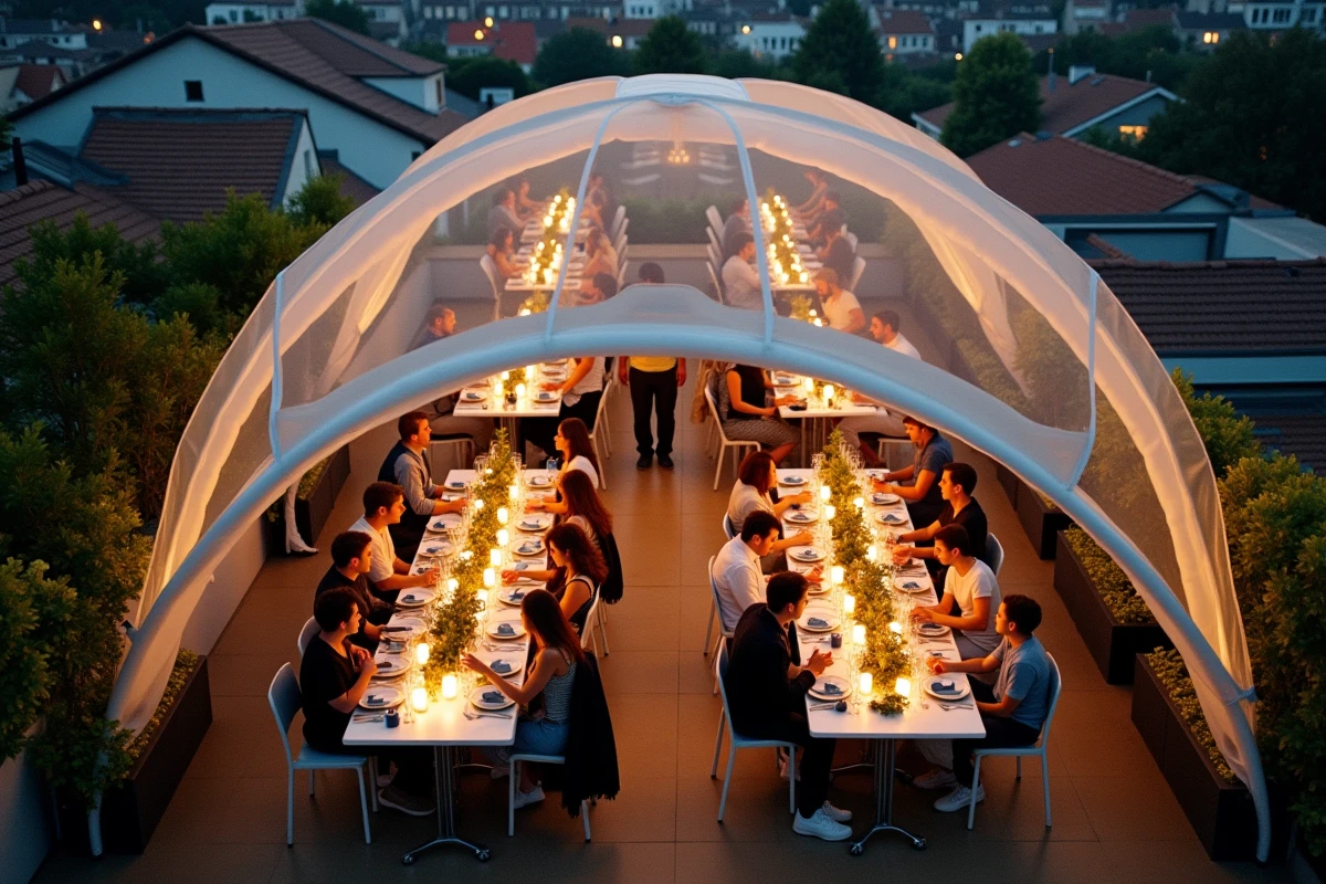 Vue aérienne d'une terrasse transformée en salle de fête sous une tente gonflable transparente avec tables décorées et convives